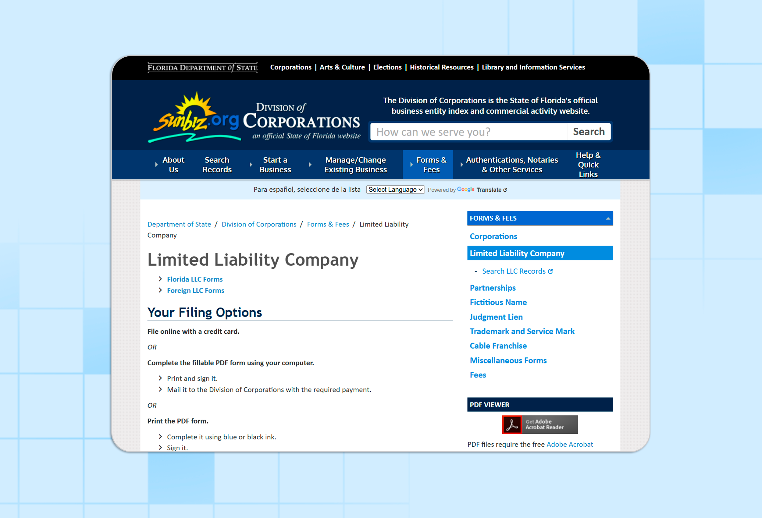 Instructions for forming an LLC on the Florida Department of State website