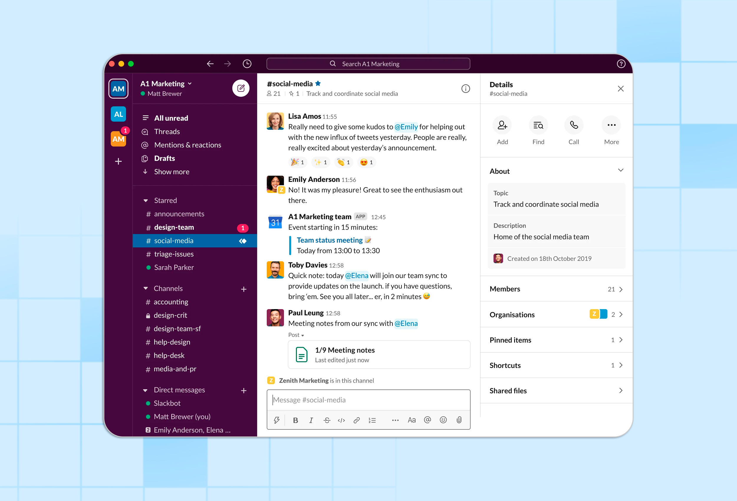 Example of marketing planning in Slack