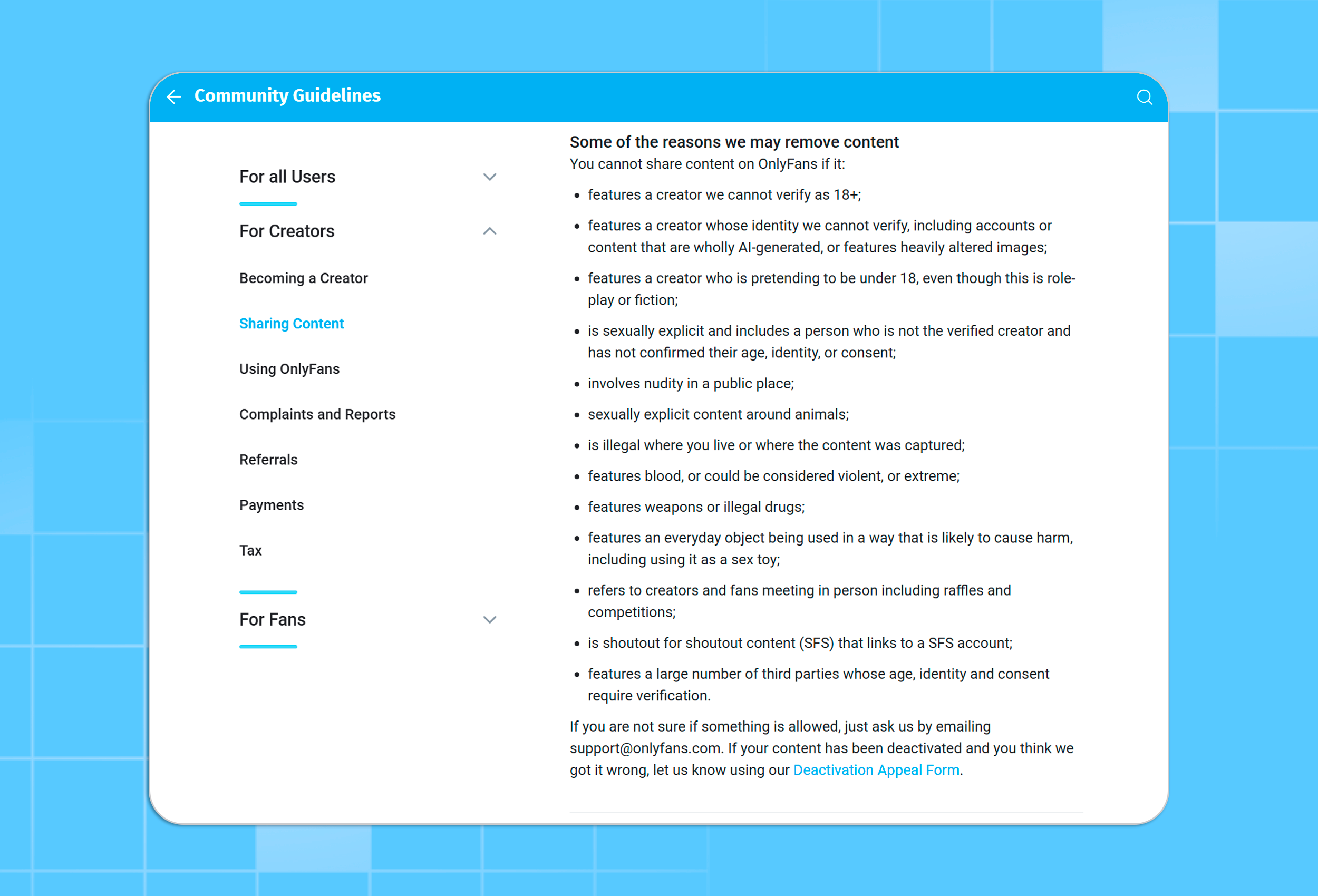 Content that is prohibited from being published on OnlyFans