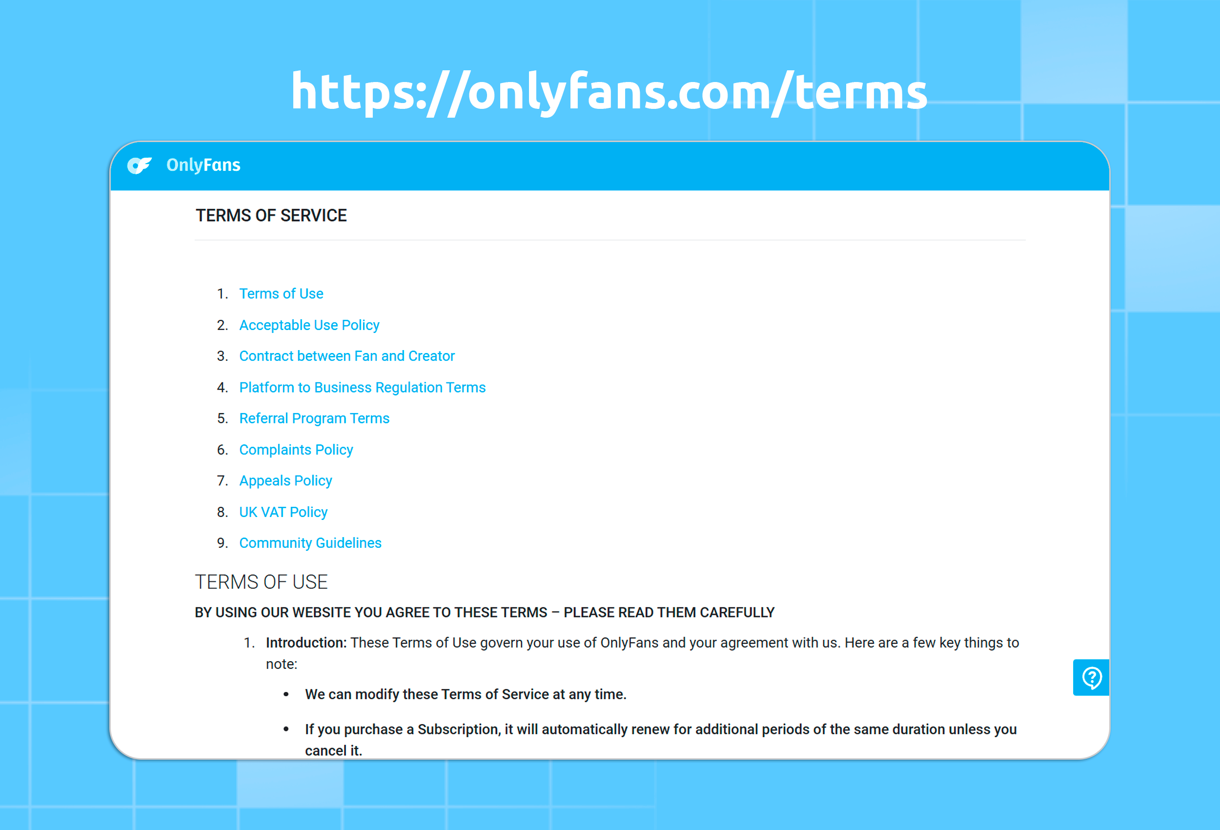 The page where you can read the OnlyFans Terms of Service