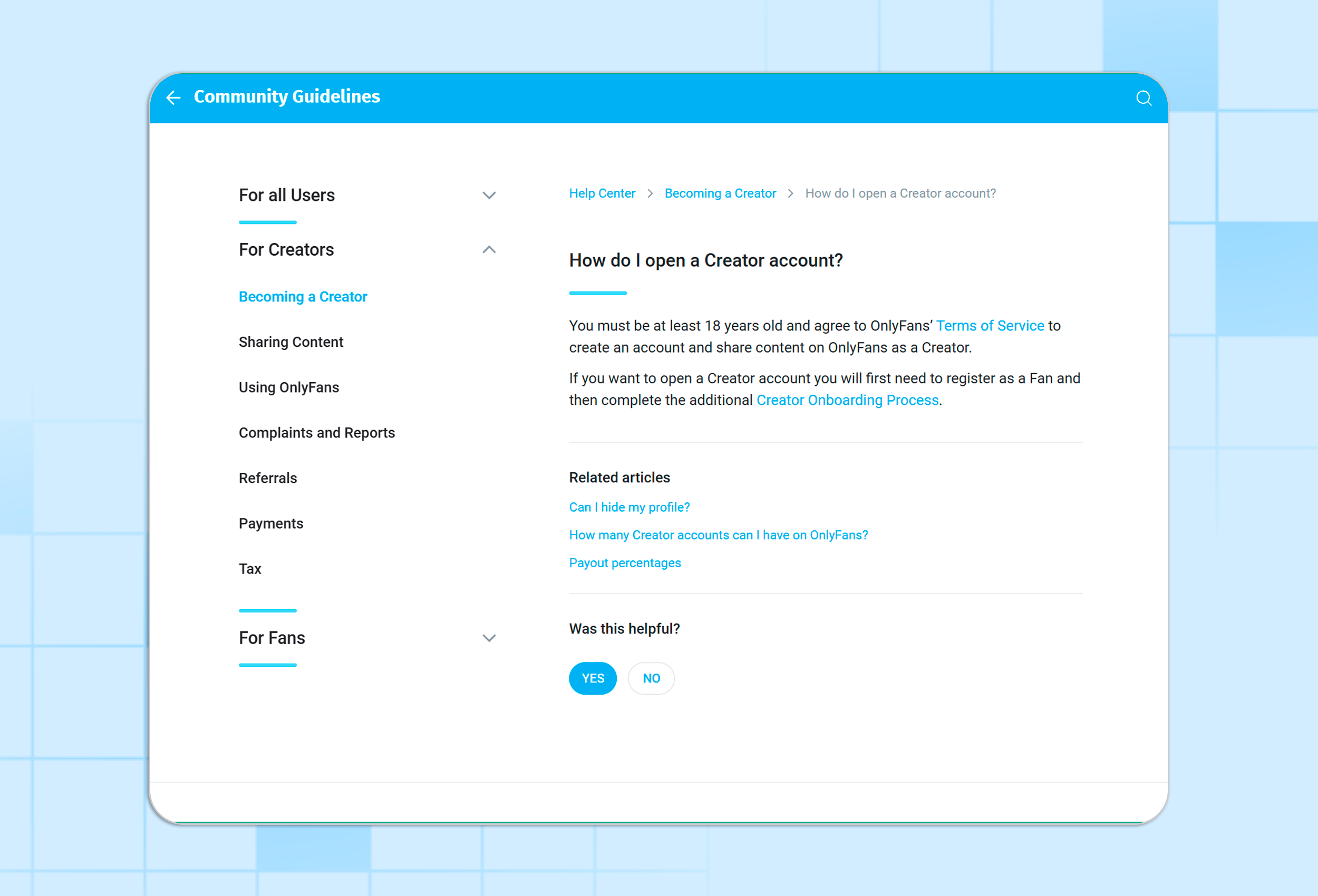 Requirements for users who want to open a Creator account