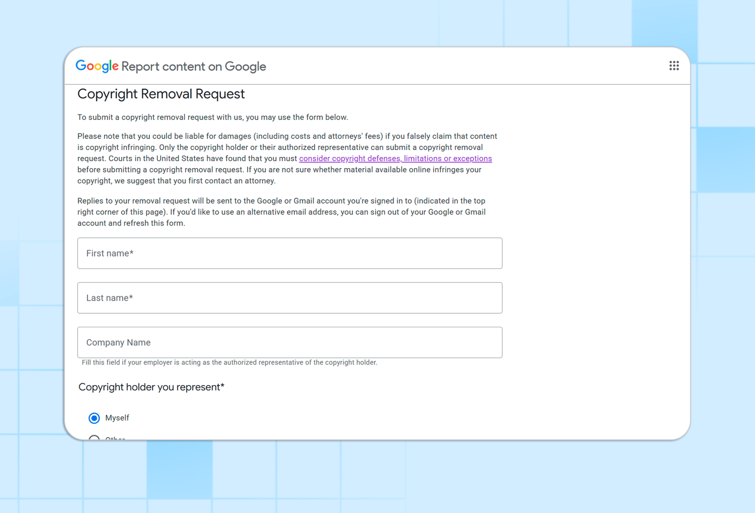 Google content reporting form