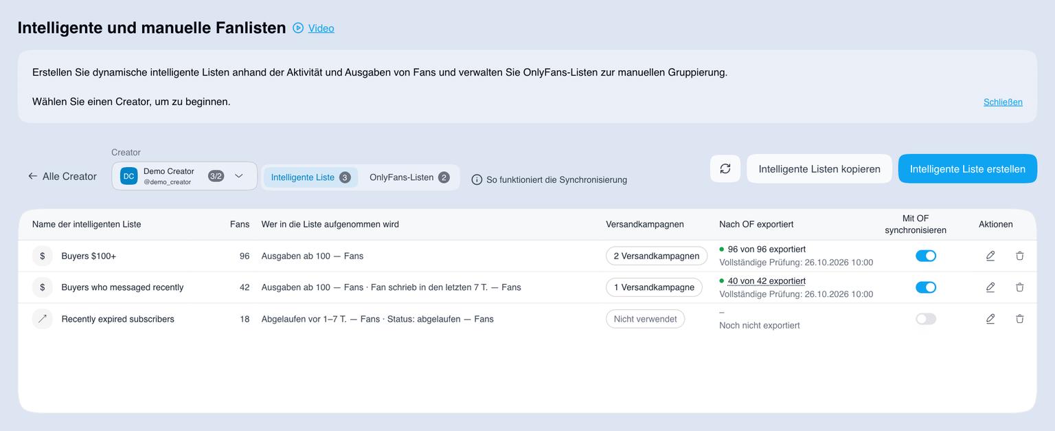 Intelligente Listen für den ausgewählten Creator in AgencyKey