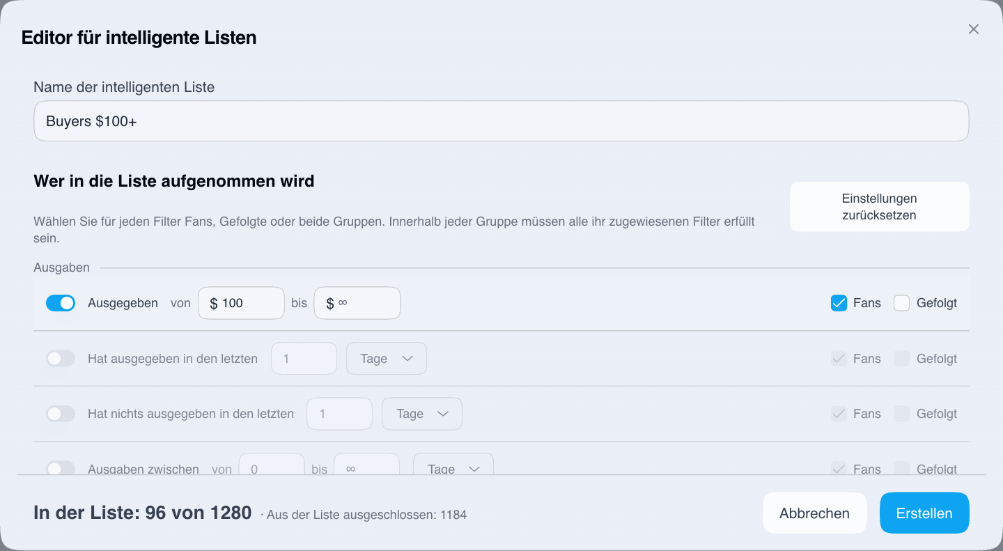 Eine intelligente Liste mit einem Mindestbetrag für Ausgaben erstellen
