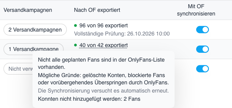Schalter für die Synchronisierung intelligenter Listen und bestätigte Exportzahlen