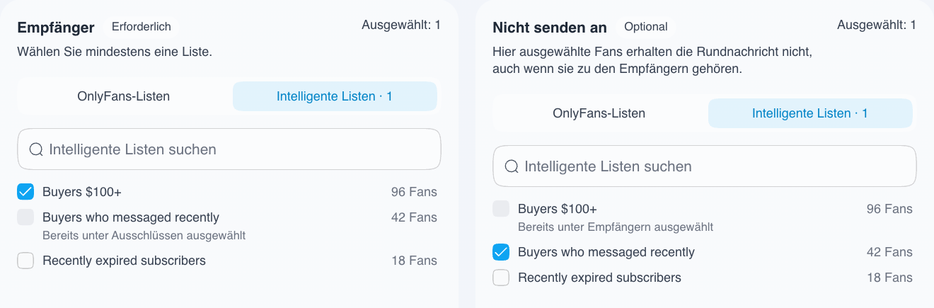 Intelligente Listen als Empfänger und Ausschlüsse einer Kampagne auswählen