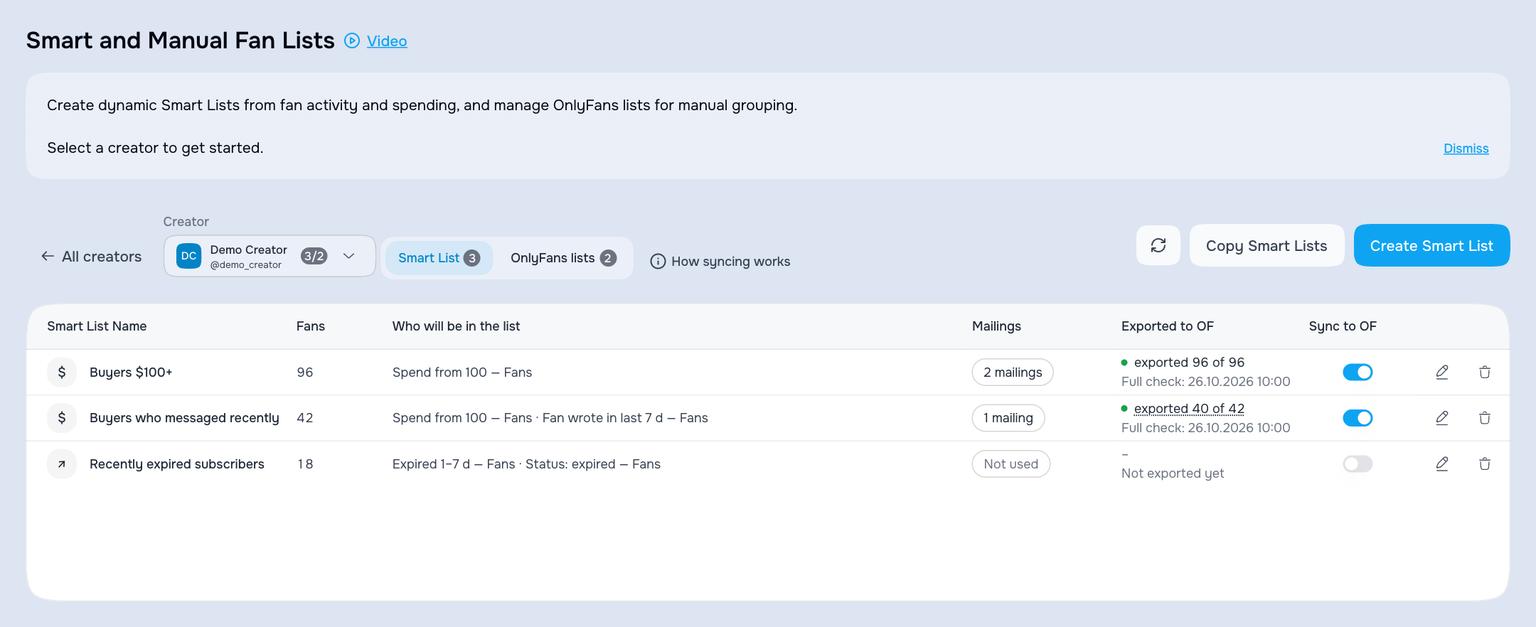 Smart Lists for the selected creator in AgencyKey