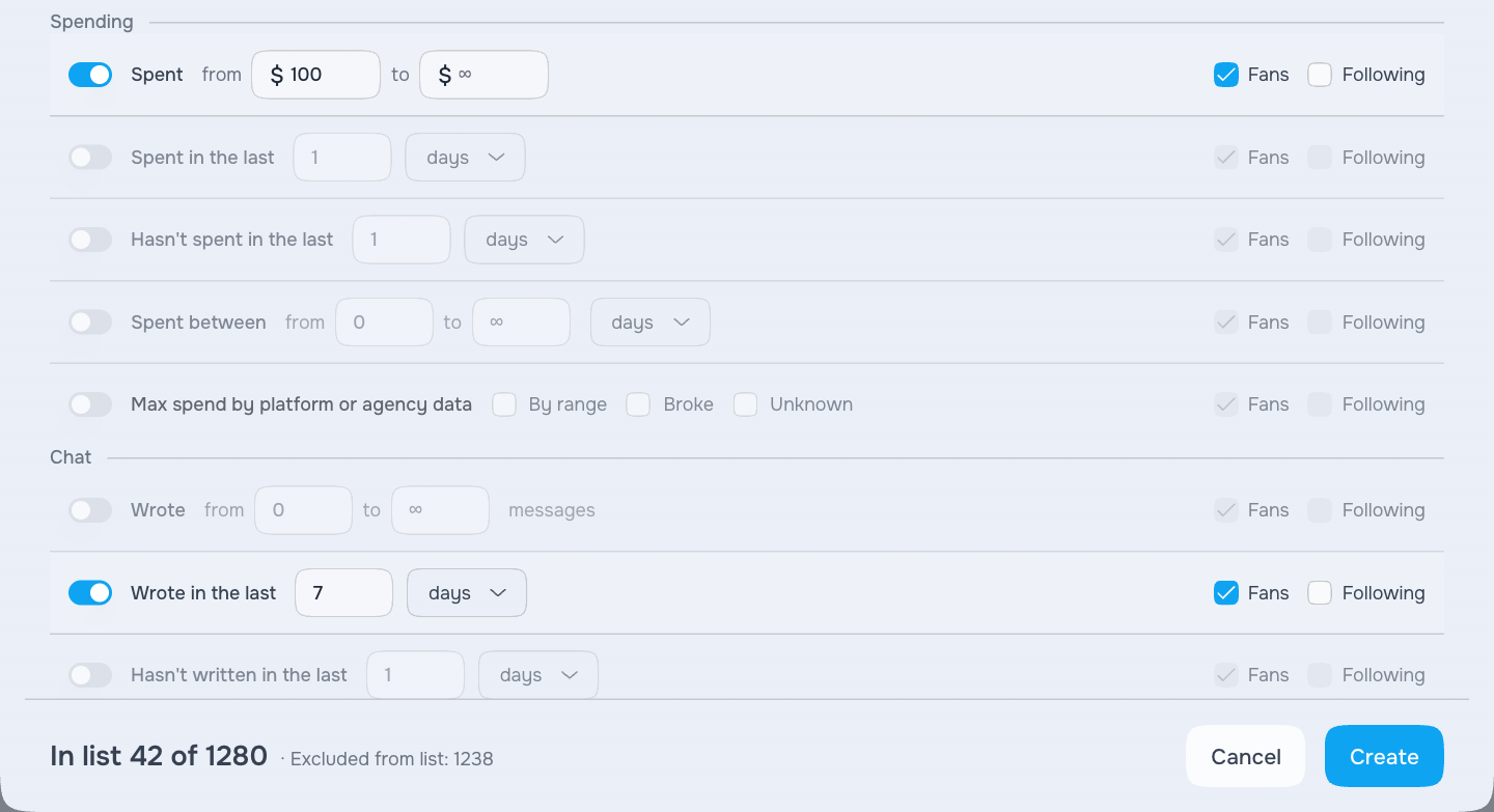 Adding a recent fan-message filter to the spending filter