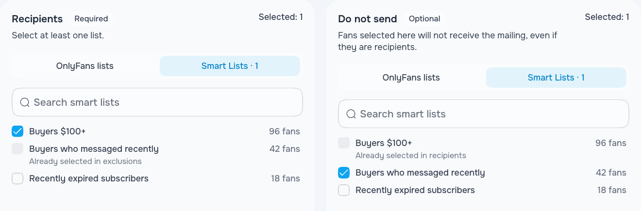 Selecting Smart Lists as campaign recipients and exclusions