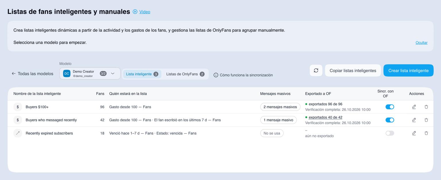 Listas inteligentes del creador seleccionado en AgencyKey
