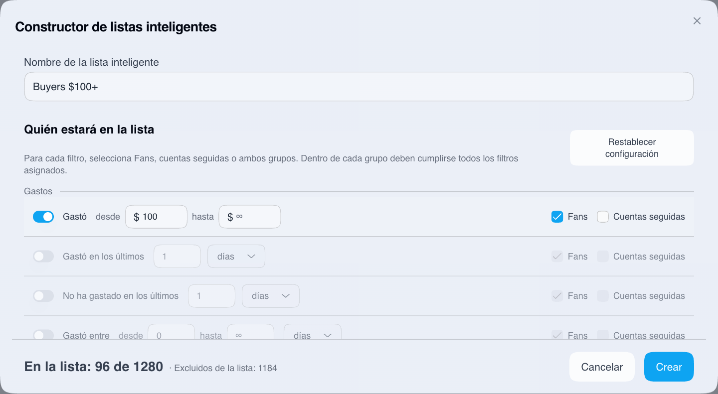 Creación de una lista inteligente con un importe mínimo de gasto