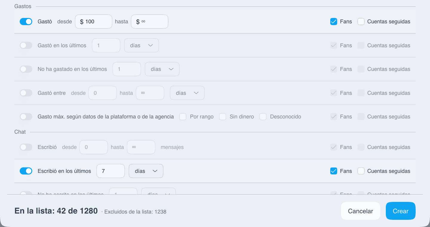 Filtro de mensajes recientes del fan añadido al filtro de gasto