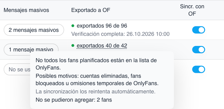 Sincronización de listas inteligentes y número confirmado de cuentas exportadas