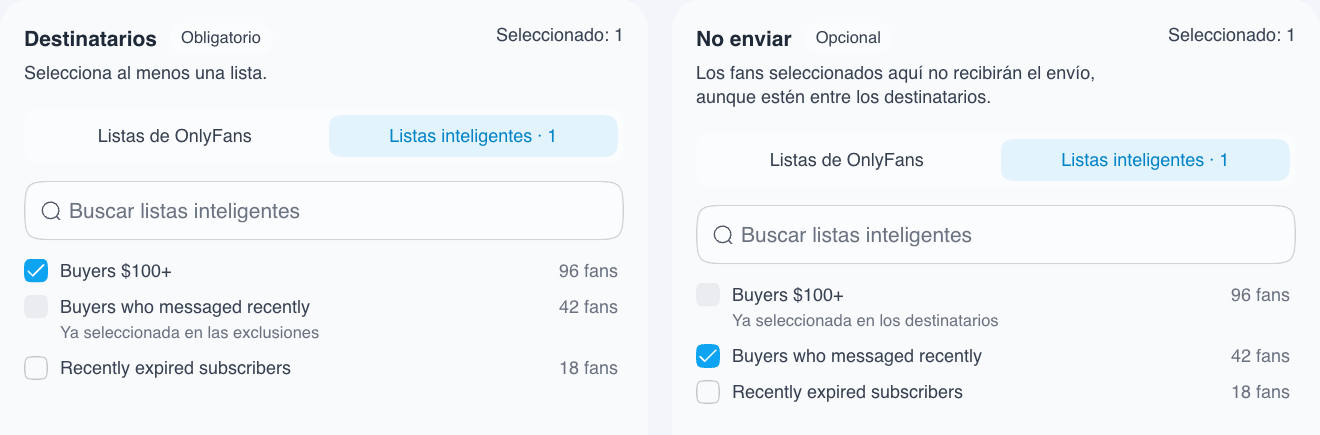 Selección de listas inteligentes como destinatarios y exclusiones de una campaña