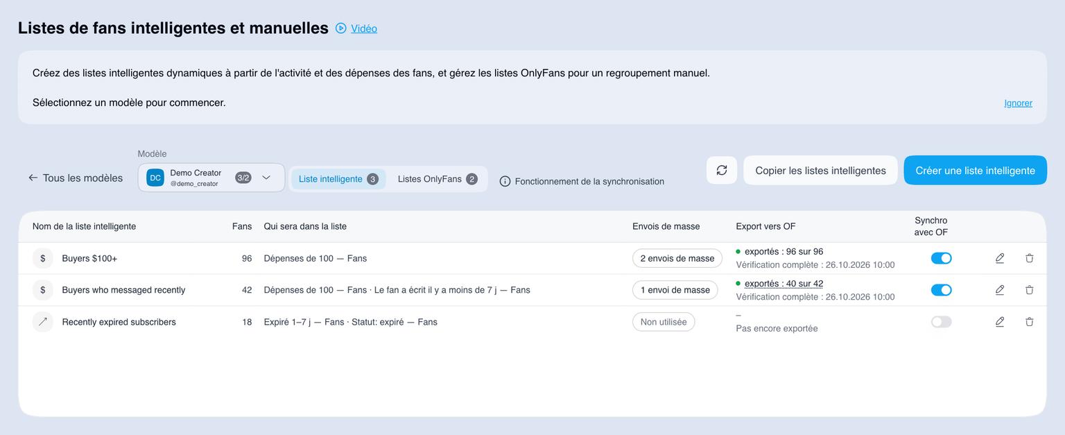 Listes intelligentes du modèle sélectionné dans AgencyKey
