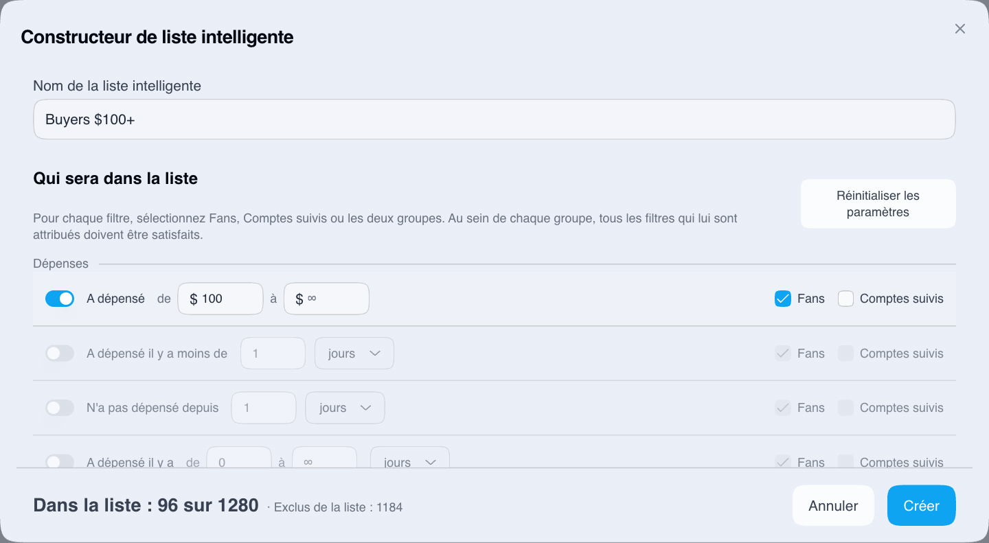 Création d’une liste intelligente avec un montant minimum de dépenses