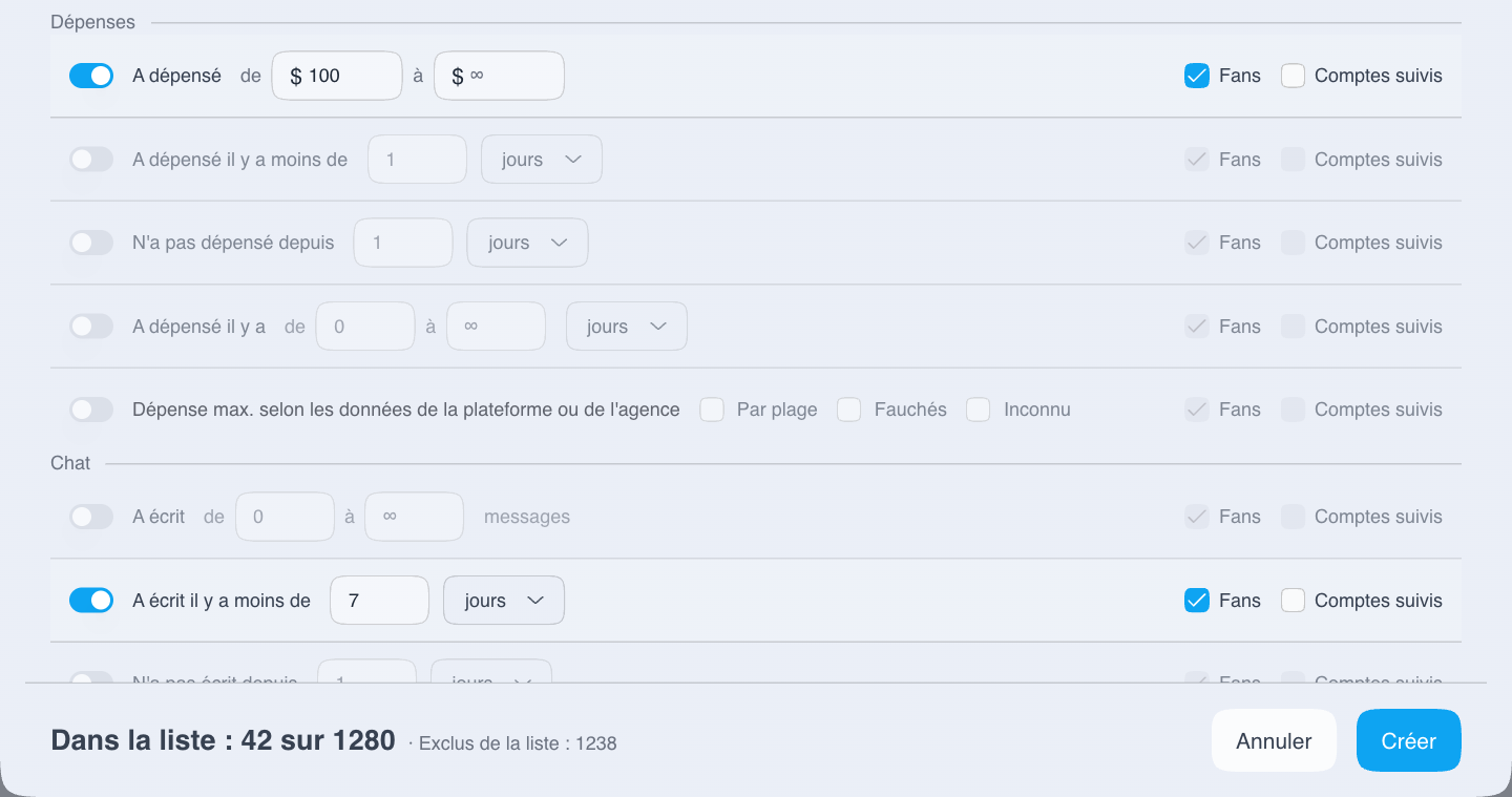 Ajout d’un filtre de message récent du fan au filtre de dépenses