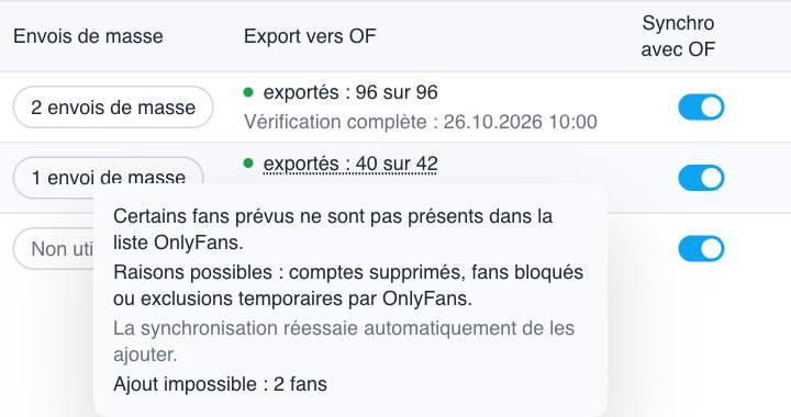 Boutons de synchronisation des listes intelligentes et nombres confirmés de comptes exportés