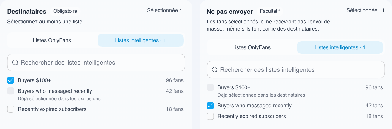 Sélection de listes intelligentes comme destinataires et exclusions d’une campagne