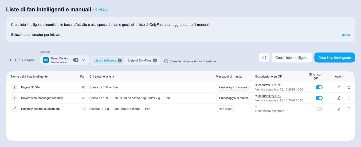 Liste intelligenti del creator selezionato in AgencyKey