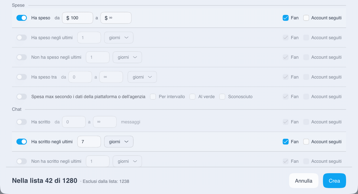 Aggiunta di un filtro sui messaggi recenti del fan al filtro di spesa