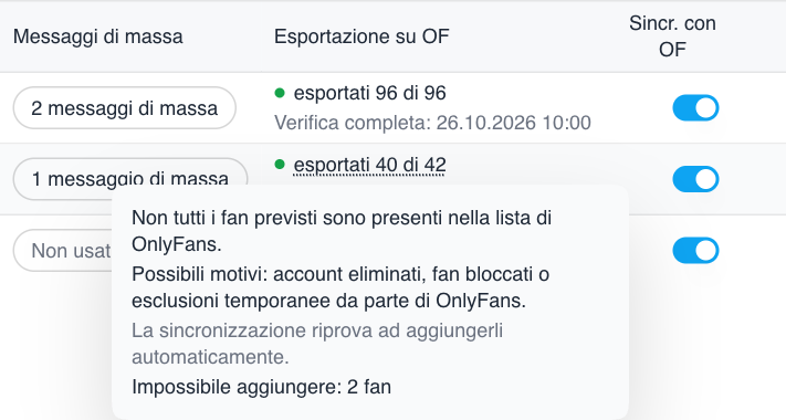 Interruttori di sincronizzazione delle liste intelligenti e conteggi delle esportazioni confermate