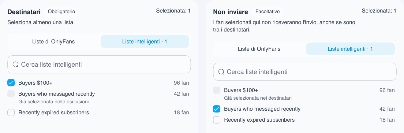 Selezione delle liste intelligenti come destinatari ed esclusioni di una campagna