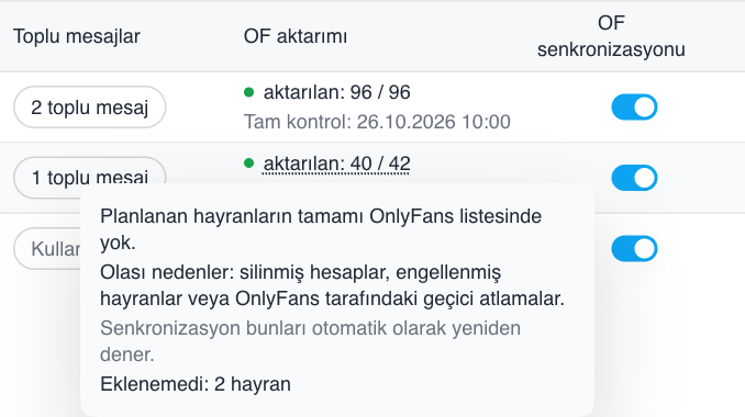 Akıllı liste senkronizasyon anahtarları ve onaylanmış aktarım sayıları