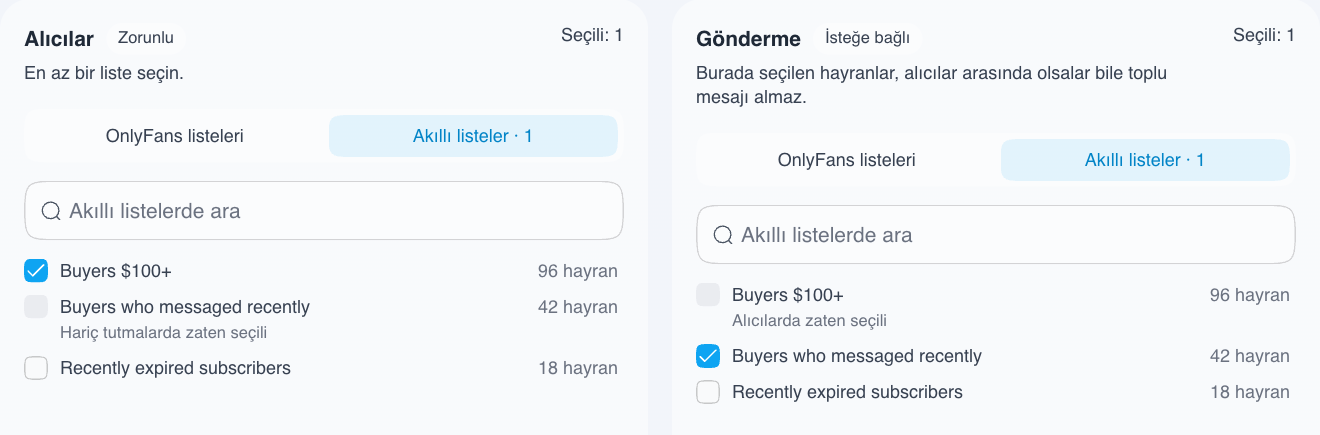 Kampanya alıcıları ve hariç tutulacak kişiler için akıllı liste seçme