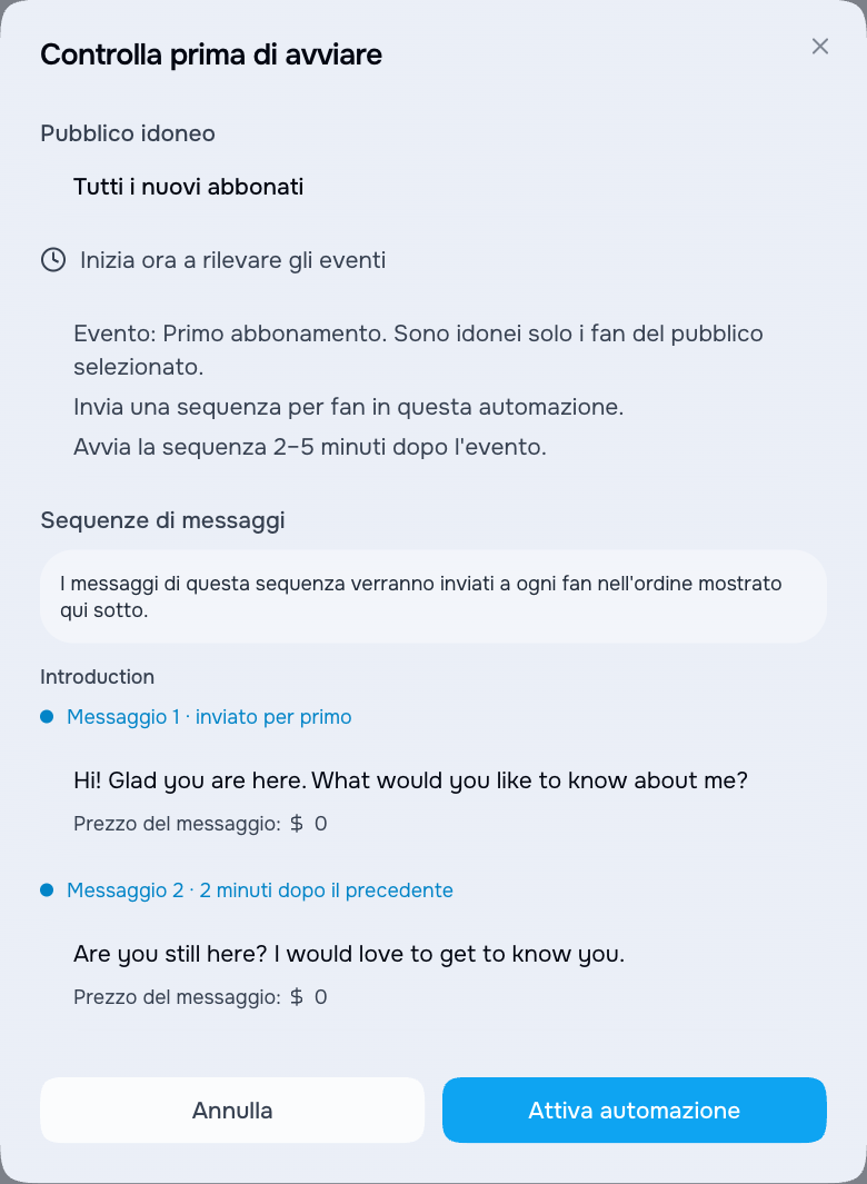 Controllo finale prima dell'attivazione di un'automazione
