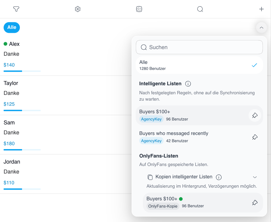 Listenmenü der Desktop-Oberfläche mit der ursprünglichen intelligenten Liste, ihrer OnlyFans-Kopie und der Stecknadel zum Anheften