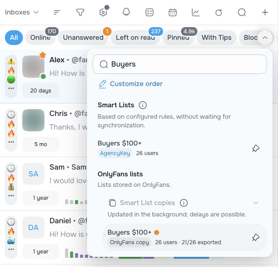 Desktop chat list menu showing the original Smart List, its OnlyFans copy and the pin button