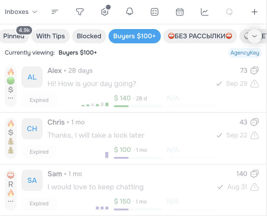 Buyers 100 dollars and over pinned and selected in the desktop chat interface