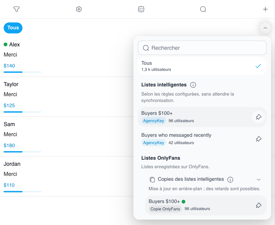 Menu des listes dans les chats de l’interface de bureau, avec la liste intelligente d’origine, sa copie OnlyFans et le bouton d’épinglage