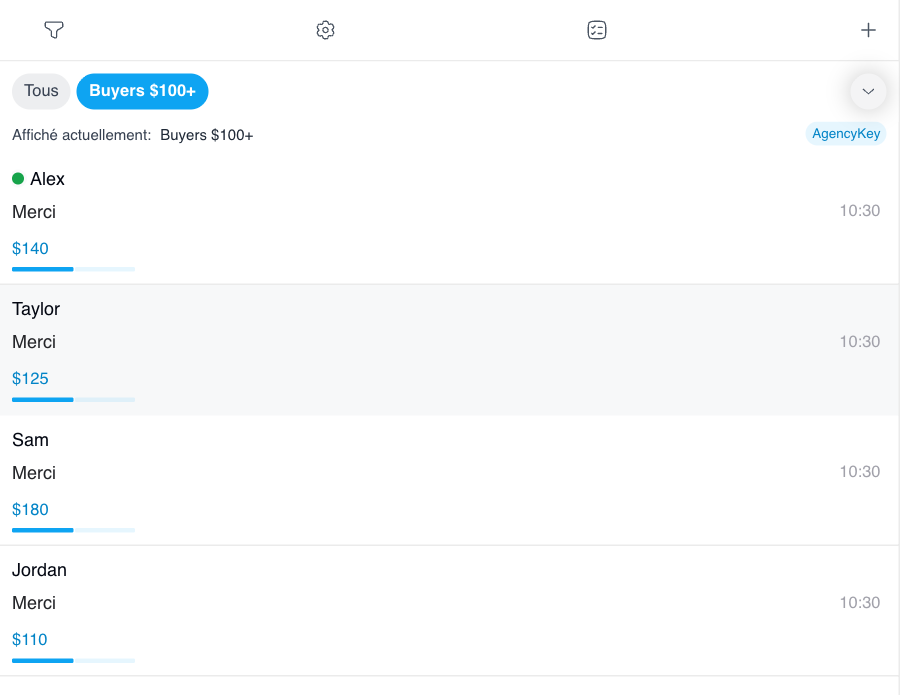 La liste Buyers $100+ est épinglée et sélectionnée dans les chats de l’interface de bureau