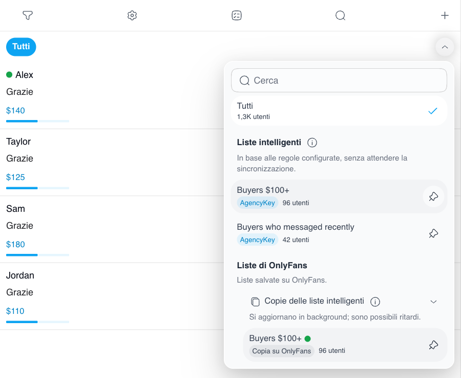 Menu delle liste nella chat desktop con la lista intelligente originale, la sua copia su OnlyFans e il pulsante per fissarla
