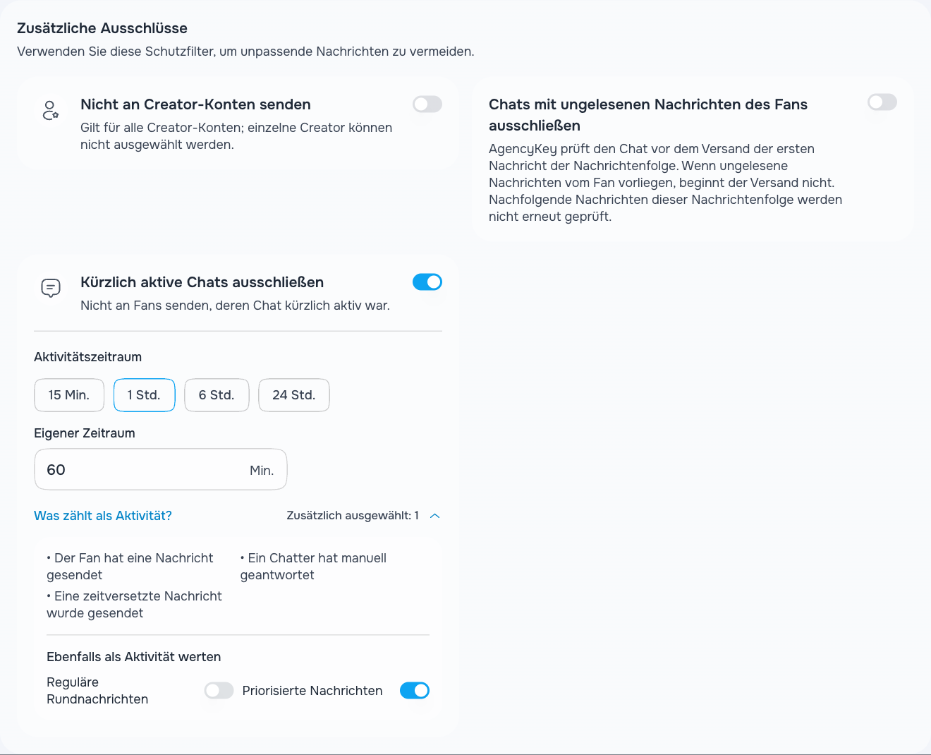 Ausschluss kürzlich aktiver Chats und die als Aktivität gezählten Nachrichtentypen