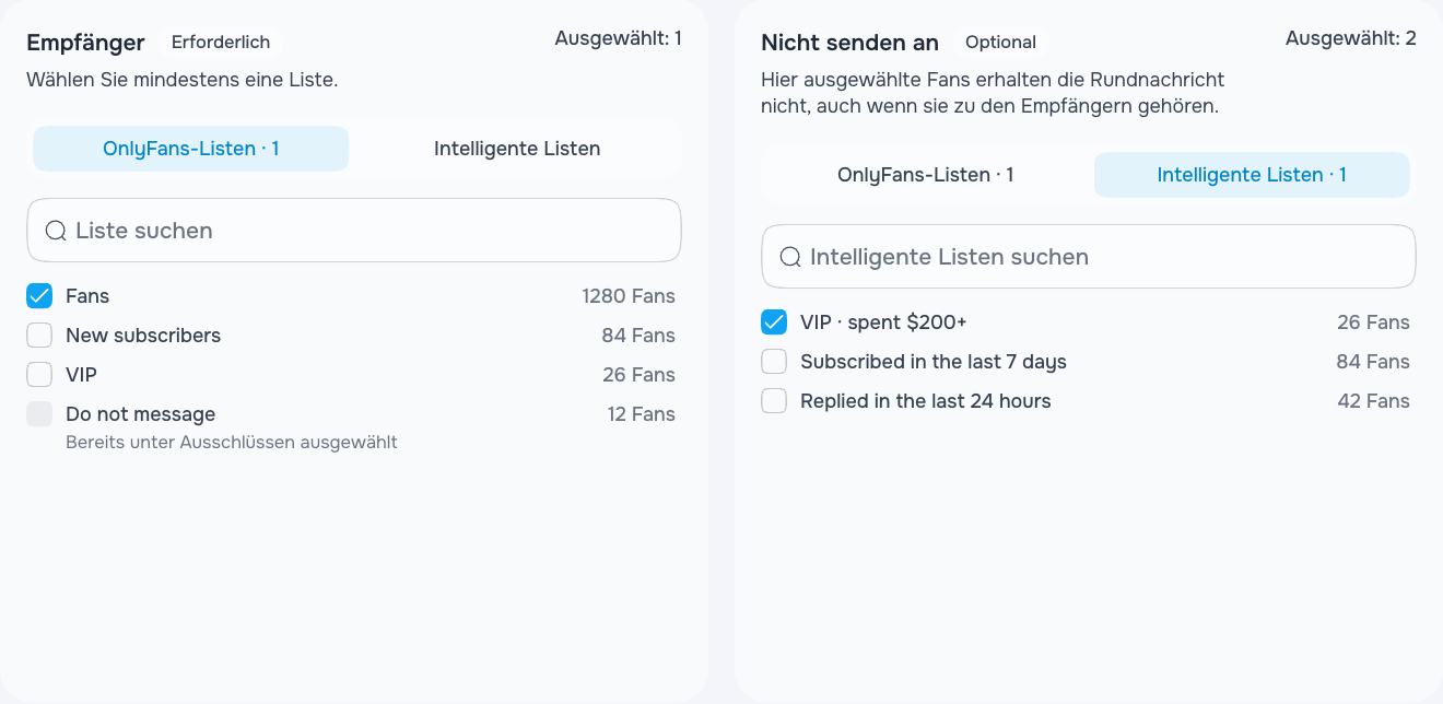 Eingeschlossene Zielgruppen und eine beispielhaft ausgeschlossene VIP-Liste