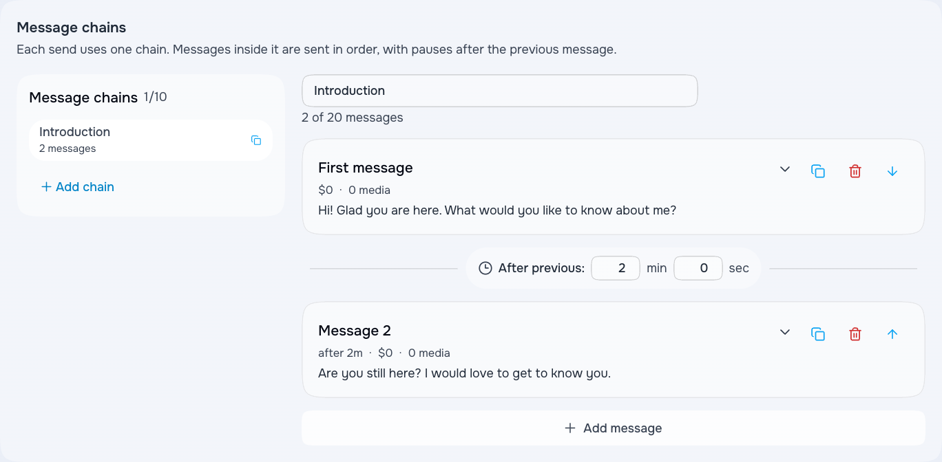 Two messages in a welcome chain