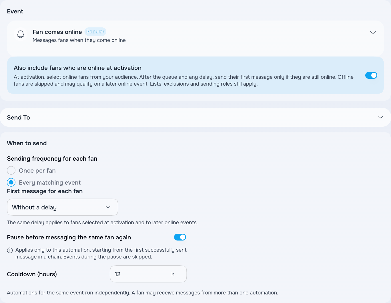 Online message settings with a pause before repeat sends