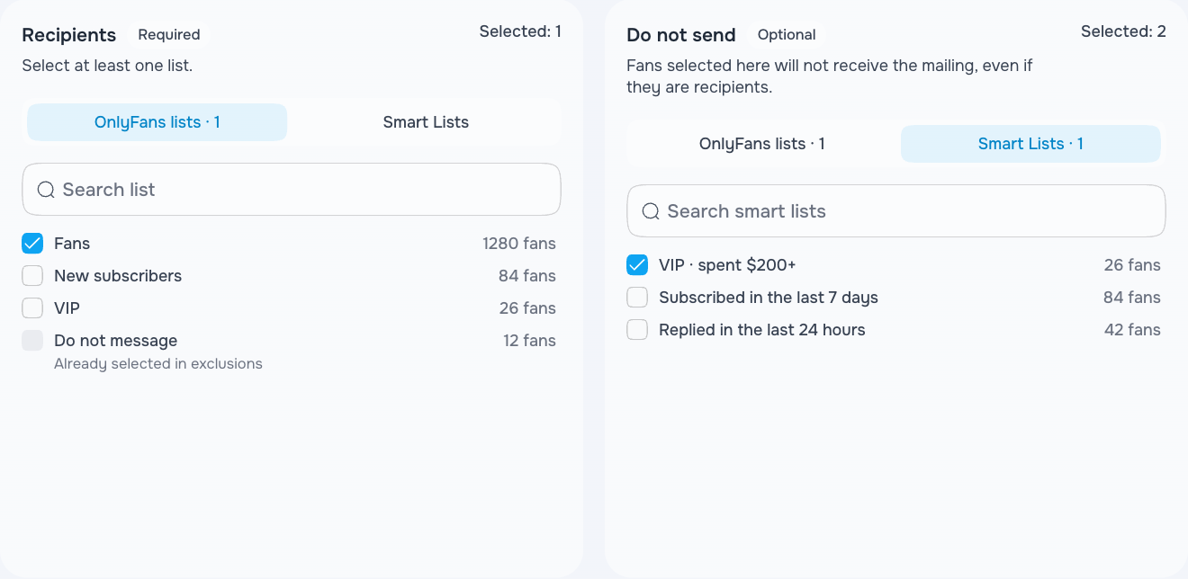 Included audiences and an excluded example VIP list