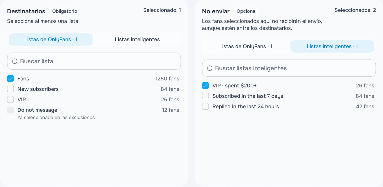 Públicos incluidos y una lista VIP de ejemplo excluida
