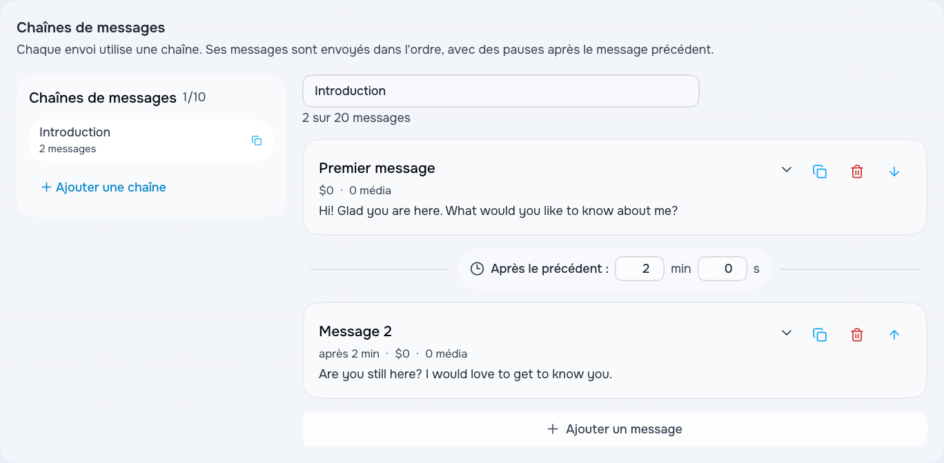 Deux messages dans une séquence de bienvenue