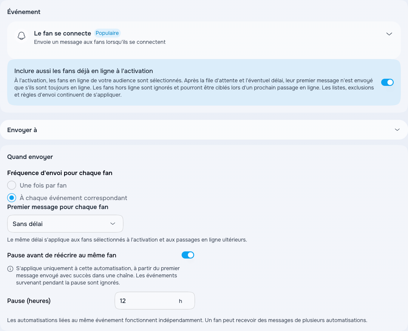 Paramètres des messages aux fans en ligne avec une pause avant les envois répétés