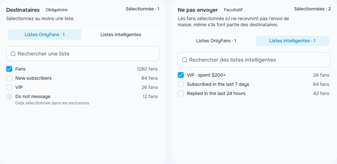 Audiences incluses et exemple de liste VIP exclue