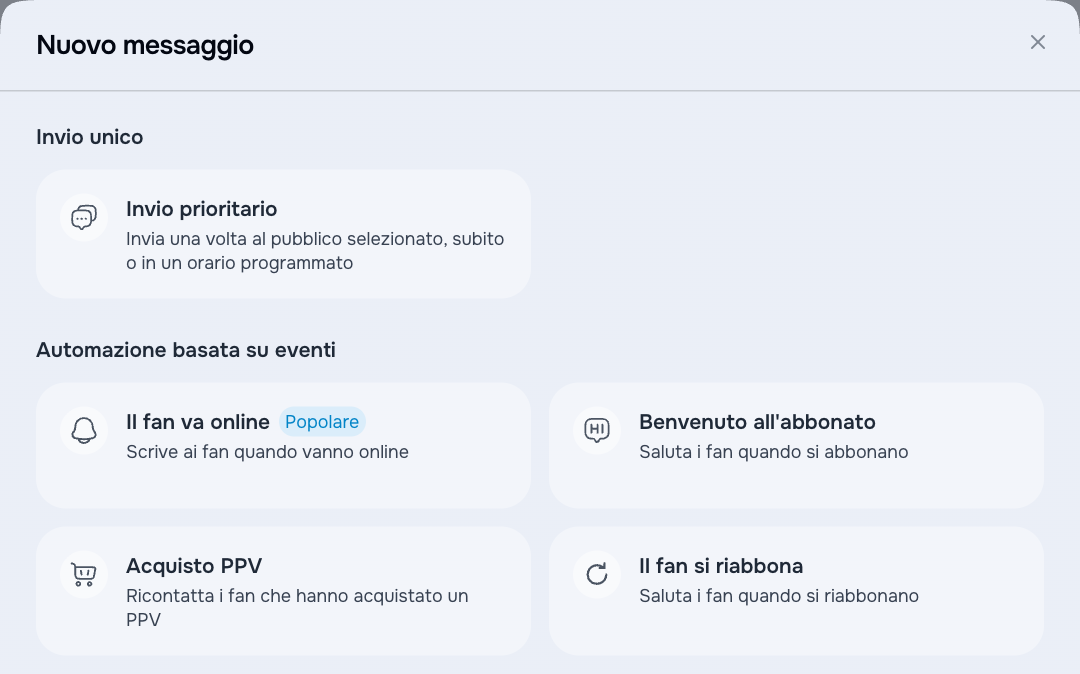 Tipi di messaggio disponibili in AgencyKey