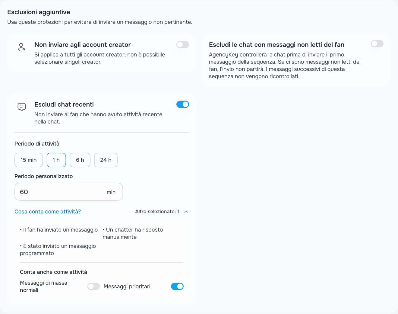 Esclusione delle chat recenti e tipi di messaggio conteggiati come attività