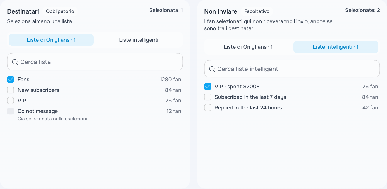 Pubblici inclusi e una lista VIP di esempio esclusa