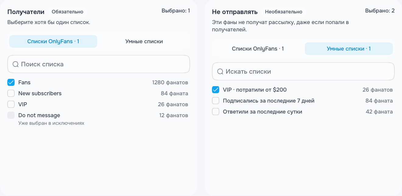 Списки получателей и исключений