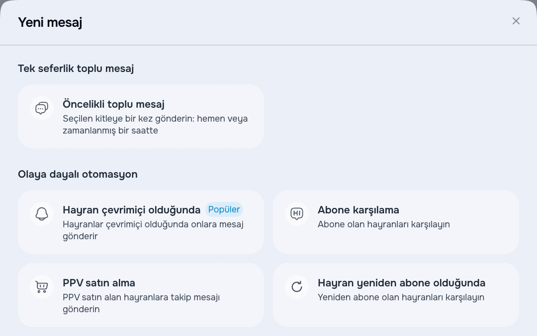 AgencyKey’de kullanılabilen mesaj türleri